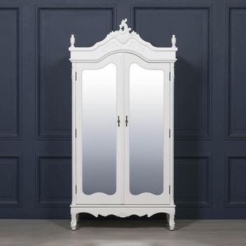 French Style Armoire White Carved 2 Door Mirror Wardrobe