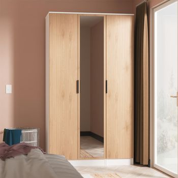 Java Fluted Effect Natural and White 3 Door 1 Mirror Tall Triple Robe Wardrobe