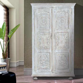 Jensen Distressed White Carved Mango Wood 2 Door Wardrobe