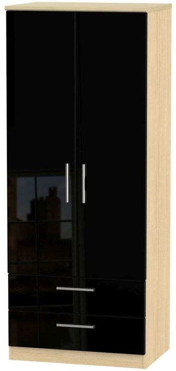 Knightsbridge Double Black Gloss and Light Oak 2 Door 2 Drawer Wardrobe