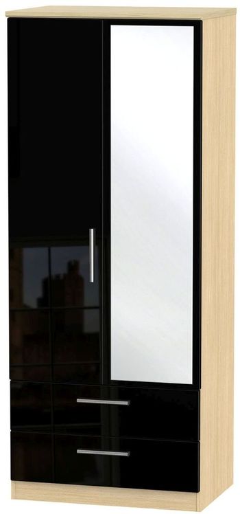 Knightsbridge Combi Black Gloss and Light Oak 2 Door 1 Mirror Wardrobe