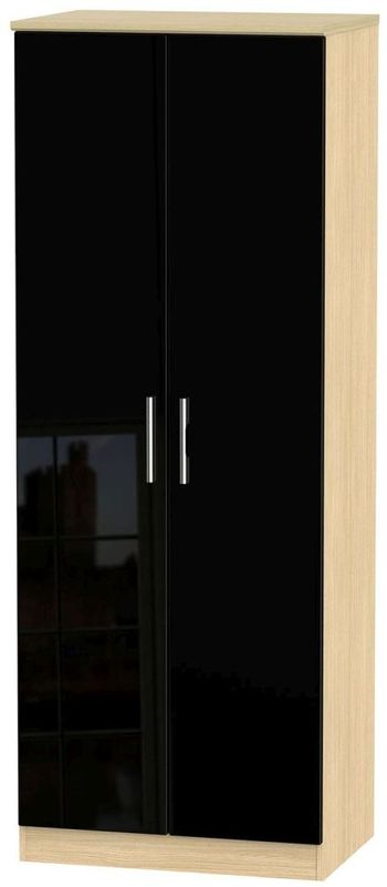Knightsbridge Plain Black Gloss and Light Oak 2 Door Tall Wardrobe