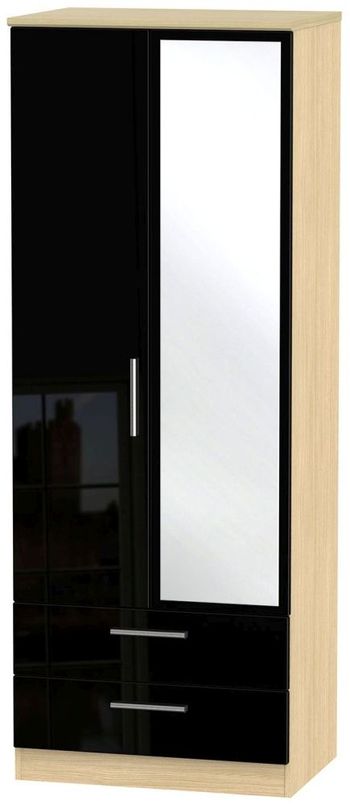 Knightsbridge Tall Combi Black Gloss and Light Oak 2 Door 1 Mirror Wardrobe