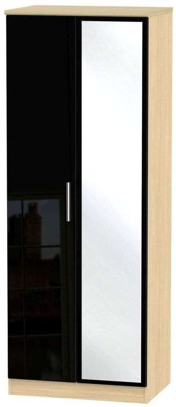 Knightsbridge Black Gloss and Light Oak 2 Door 1 Mirror Tall Wardrobe
