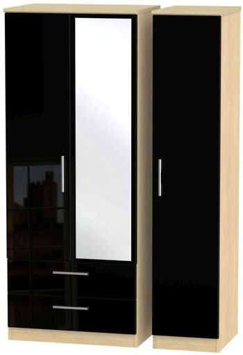 Knightsbridge Combi Black Gloss and Light Oak 3 Door 1 Mirror LHF 2 Drawer Wardrobe