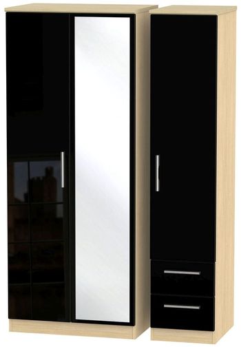 Knightsbridge Tall Black Gloss and Light Oak 3 Door RHF 2 Drawer Triple Wardrobe