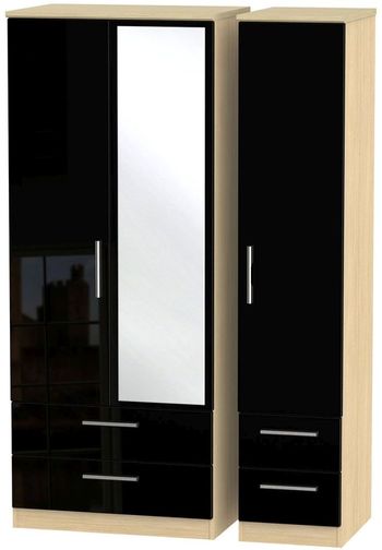 Knightsbridge Combi Black Gloss and Light Oak 3 Door 1 Mirror Wardrobe