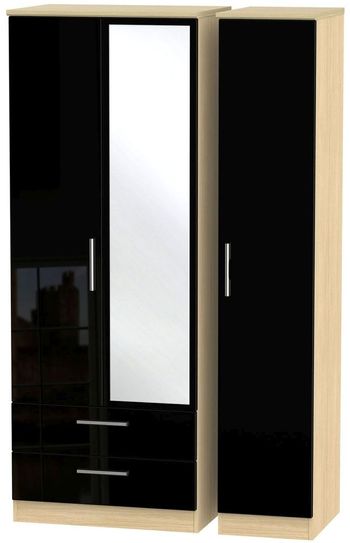 Knightsbridge Tall Combi Black Gloss and Light Oak 3 Door 1 Mirror LHF 2 Drawer Wardrobe