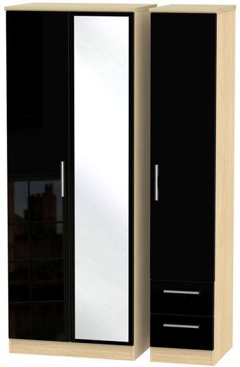 Knightsbridge Combi Black Gloss and Light Oak 3 Door 1 Mirror RHF 2 Drawer Wardrobe