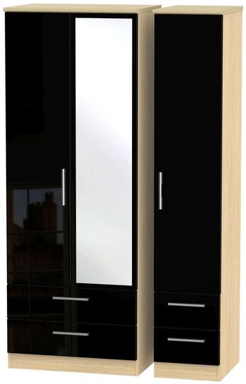 Knightsbridge Tall Black Gloss and Light Oak 3 Door 4 Drawer Combi Triple Wardrobe