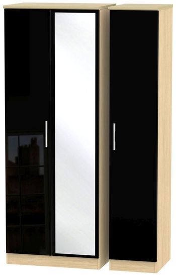 Knightsbridge Tall Black Gloss and Light Oak 3 Door 1 Mirror Triple Wardrobe