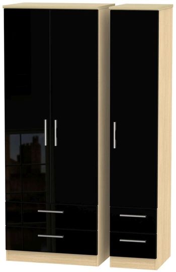 Knightsbridge Combi Black Gloss and Light Oak 3 Door 4 Drawer Wardrobe