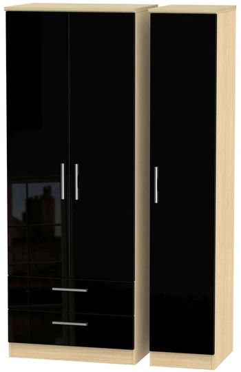 Knightsbridge Tall Black Gloss and Light Oak 3 Door LHF 2 Drawer Triple Wardrobe