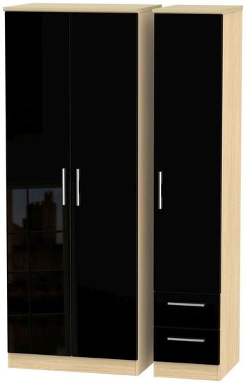 Knightsbridge Combi Black Gloss and Light Oak 3 Door RHF 2 Drawer Wardrobe