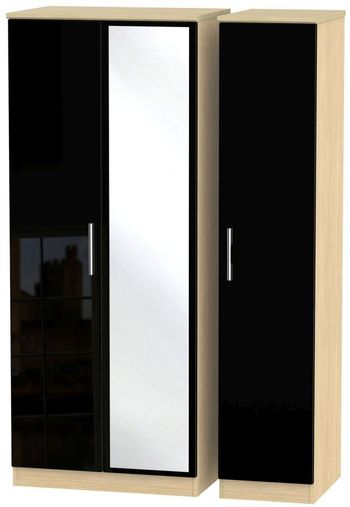 Knightsbridge Black Gloss and Light Oak 3 Door 1 Mirror Triple Wardrobe