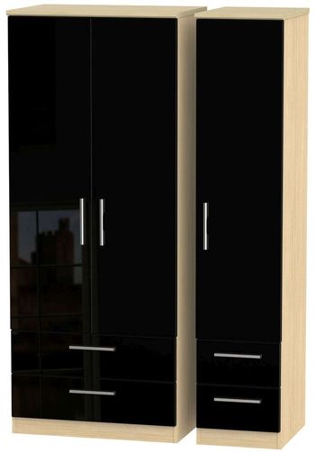 Knightsbridge Tall Black Gloss and Light Oak 3 Door 4 Drawer Triple Wardrobe