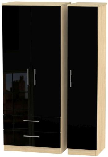 Knightsbridge Black Gloss and Light Oak 3 Door LHF 2 Drawer Triple Wardrobe