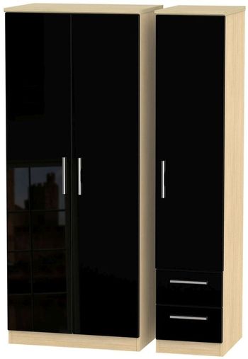 Knightsbridge Black Gloss and Light Oak 3 Door RHF 2 Drawer Triple Wardrobe