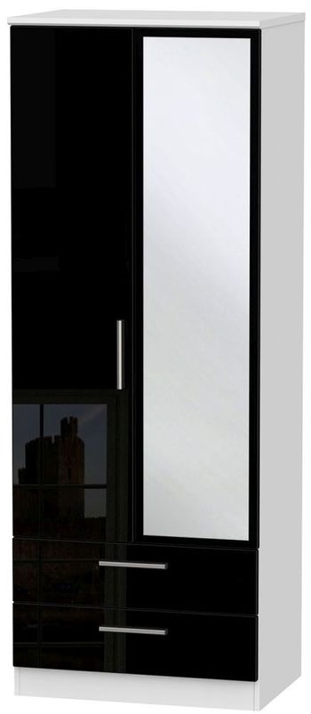 Knightsbridge Black Gloss and White 2 Door 1 Mirror Tall Combi Wardrobe