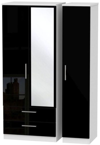Knightsbridge Black Gloss and White 3 Door 1 Mirror LHF 2 Drawer Combi Wardrobe