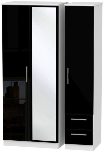 Knightsbridge Black Gloss and White 3 Door 1 Mirror RHF 2 Drawer Combi Wardrobe