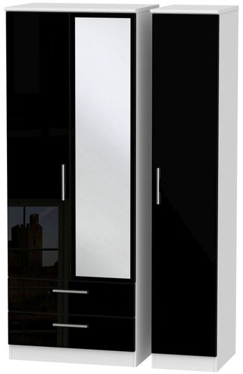 Knightsbridge Black Gloss and White 3 Door 1 Mirror LHF 2 Drawer Tall Combi Wardrobe