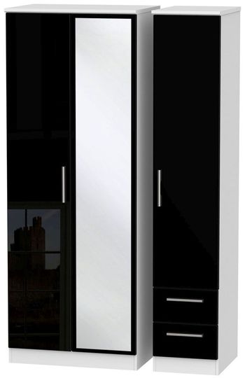 Knightsbridge Black Gloss and White 3 Door 1 Mirror RHF 2 Drawer Combi Tall Wardrobe