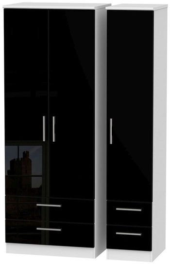 Knightsbridge Black Gloss and White 3 Door 4 Drawer Tall Triple Wardrobe