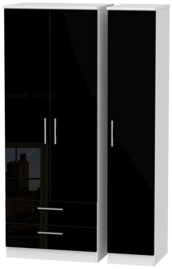 Knightsbridge Black Gloss and White 3 Door LHF 2 Drawer Tall Triple Wardrobe