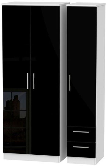Knightsbridge Black Gloss and White 3 Door RHF 2 Drawer Tall Triple Wardrobe