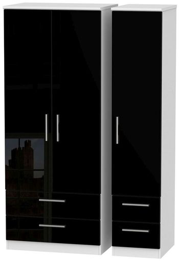 Knightsbridge Black Gloss and White 3 Door 4 Drawer Triple Wardrobe