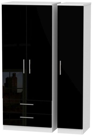 Knightsbridge Black Gloss and White 3 Door LHF 2 Drawer Triple Wardrobe