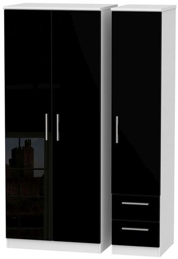 Knightsbridge Black Gloss and White 3 Door RHF 2 Drawer Triple Wardrobe