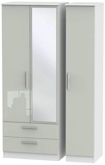 Knightsbridge Cashmere Gloss and White 3 Door 1 Mirror LHF 2 Drawer Combi Tall Wardrobe