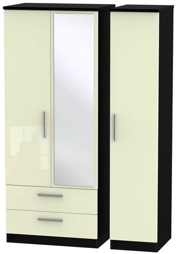 Knightsbridge Cream Gloss and Black 3 Door Combi 1 Mirror and LHF 2 Drawer Wardrobe