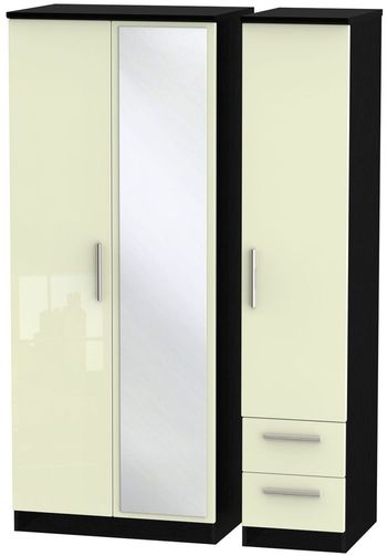 Knightsbridge Cream Gloss and Black 3 Door 1 Mirror RHF 2 Drawer Combi Wardrobe