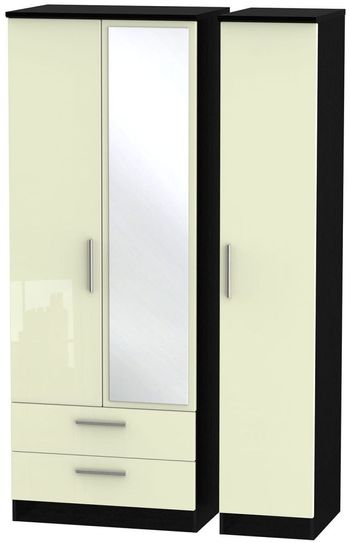 Knightsbridge Cream Gloss and Black 3 Door Tall Combi 1 Mirror LHF 2 Drawer Wardrobe