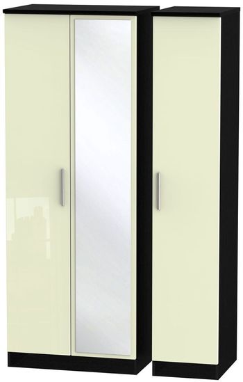 Knightsbridge Cream Gloss and Black 3 Door 1 Mirror Tall Triple Wardrobe