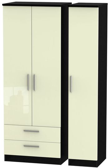 Knightsbridge Cream Gloss and Black 3 Door LHF 2 Drawer Tall Triple Wardrobe