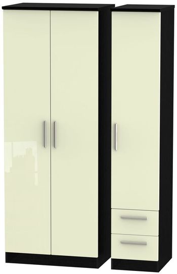 Knightsbridge Cream Gloss and Black 3 Door RHF 2 Drawer Tall Triple Wardrobe