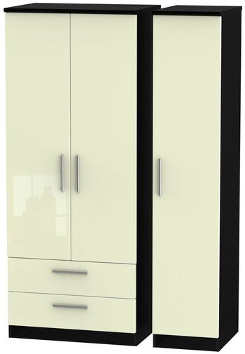 Knightsbridge Cream Gloss and Black 3 Door LHF 2 Drawer Triple Wardrobe