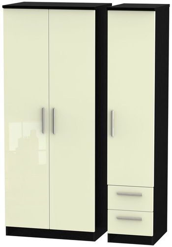 Knightsbridge Cream Gloss and Black 3 Door RHF 2 Drawer Triple Wardrobe