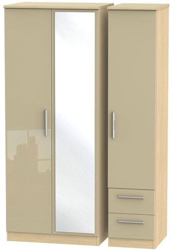 Knightsbridge Mushroom and Light Oak 3 Door 1 Mirror RHF 2 Drawer Combi Wardrobe