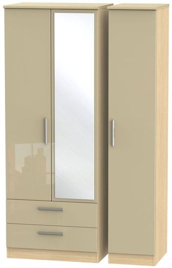 Knightsbridge Mushroom and Light Oak 3 Door 1 Mirror LHF 2 Drawer Combi Tall Wardrobe