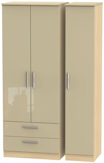 Knightsbridge Mushroom and Light Oak 3 Door LHF 2 Drawer Triple Tall Wardrobe