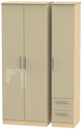 Knightsbridge Mushroom and Light Oak 3 Door RHF 2 Drawer Triple Tall Wardrobe