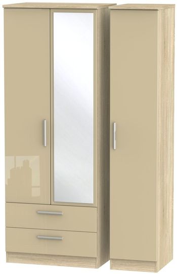 Knightsbridge Mushroom and Oak 3 Door 1 Mirror LHF 2 Drawer Combi Tall Wardrobe