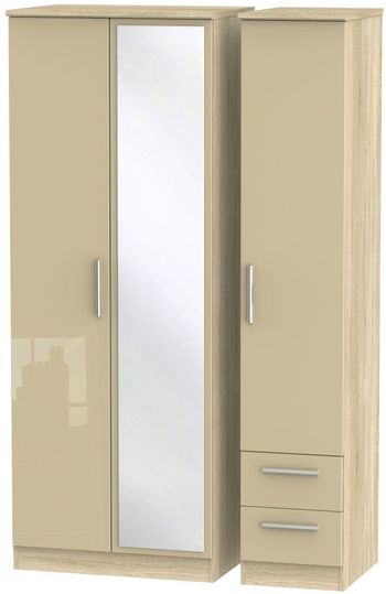 Knightsbridge Mushroom and Oak 3 Door 1 Mirror RHF 2 Drawer Combi Tall Wardrobe