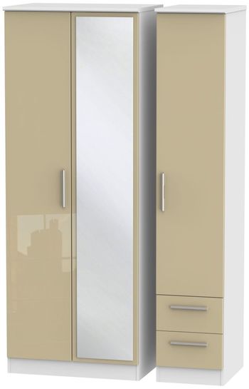 Knightsbridge Mushroom and White 3 Door 1 Mirror RHF 2 Drawer Combi Tall Wardrobe