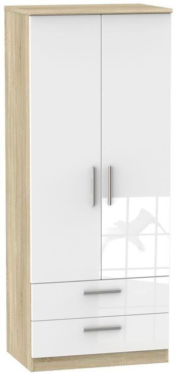 Knightsbridge White Gloss and Oak 2 Door 2 Drawer Double Wardrobe